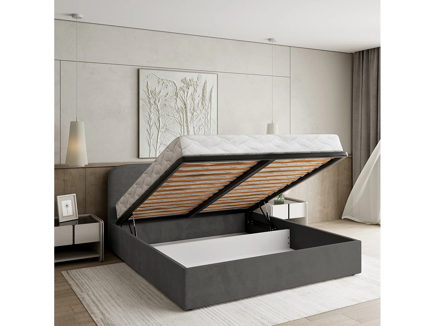 Gestoffeerd bed RENIVE 180x200 cm - Pluche stof - Grijs