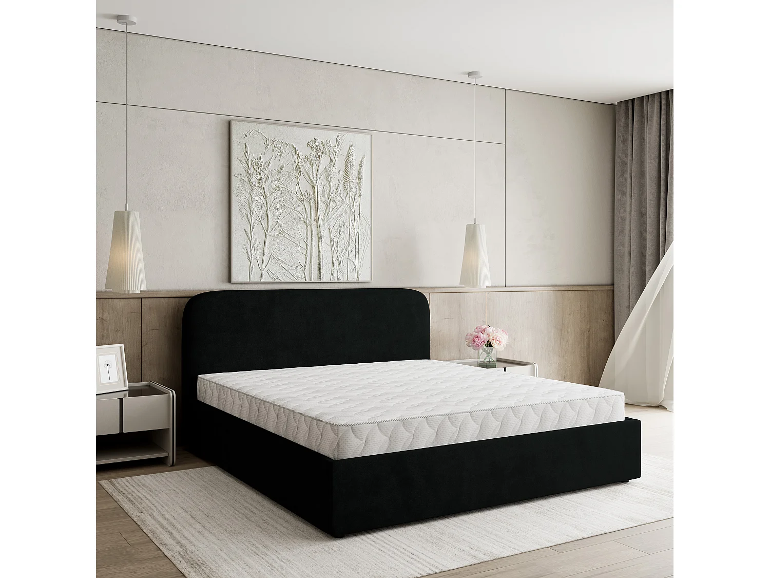 Gestoffeerd bed RENIVE 180x200 cm - Pluche stof - Zwart