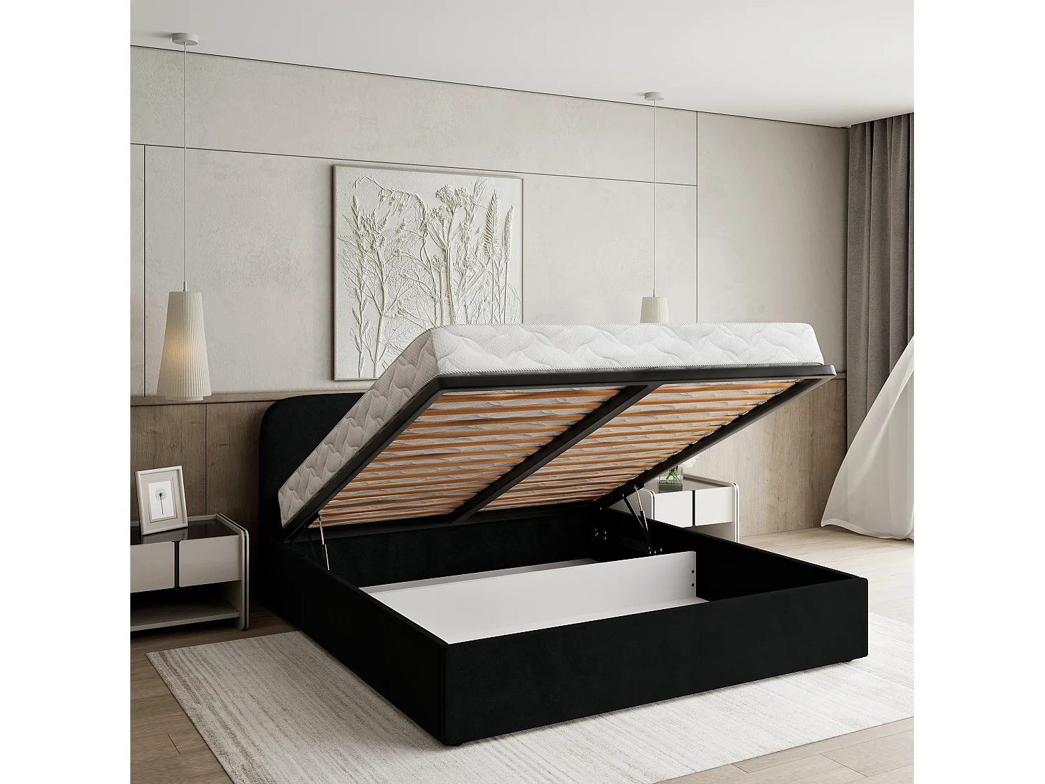 Gestoffeerd bed RENIVE 180x200 cm - Pluche stof - Zwart