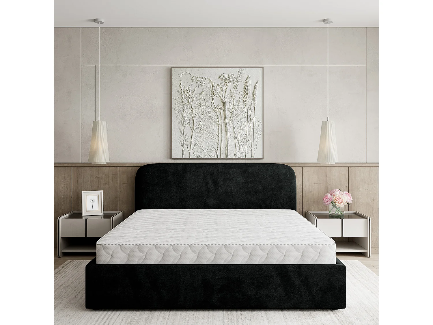 Gestoffeerd bed RENIVE 180x200 cm - Pluche stof - Zwart