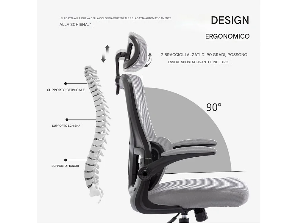 Sedia da Ufficio Ergonomica Grigio Rete Traspirante Supporto Lombare Poggiatesta