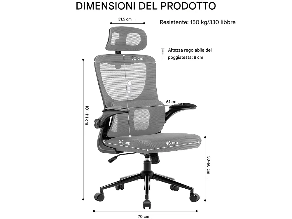 Sedia da Ufficio Ergonomica Grigio Rete Traspirante Supporto Lombare Poggiatesta