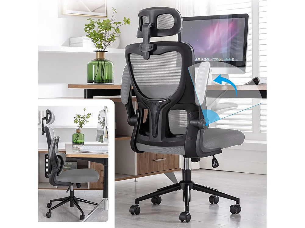 Sedia da Ufficio Ergonomica Grigio Rete Traspirante Supporto Lombare Poggiatesta