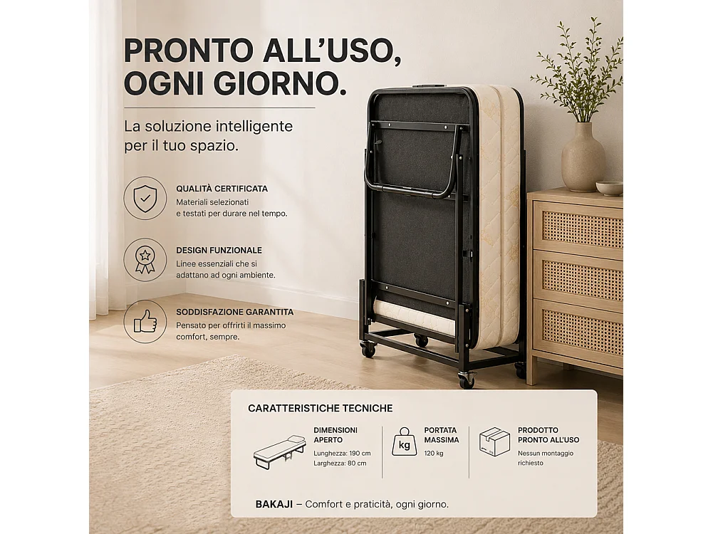 Letto Singolo Pieghevole Cuscino Copertura Brandina Materasso H10cm 80x40x190cm