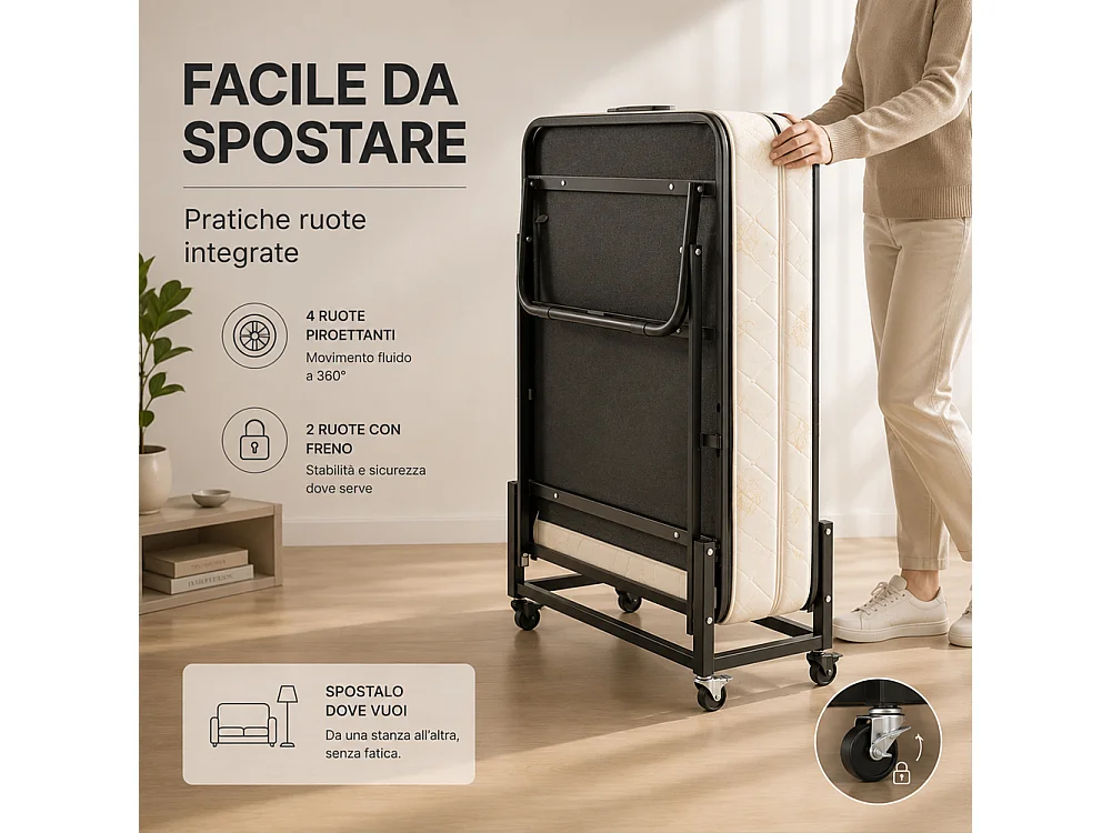 Letto Singolo Pieghevole Cuscino Copertura Brandina Materasso H10cm 80x40x190cm