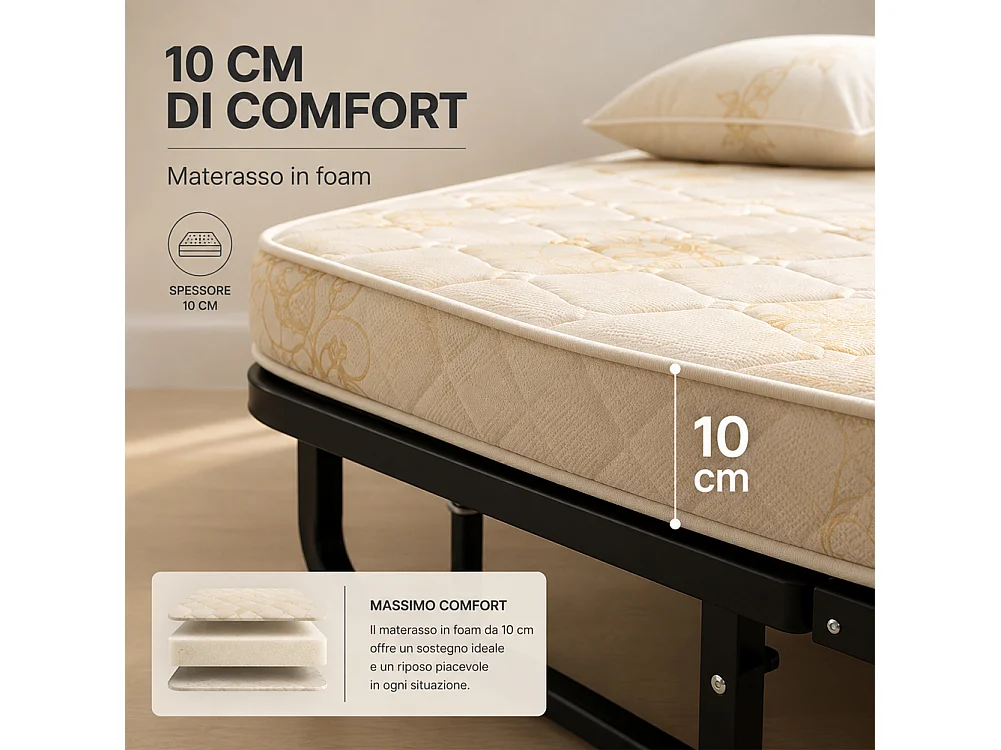 Letto Singolo Pieghevole Cuscino Copertura Brandina Materasso H10cm 80x40x190cm