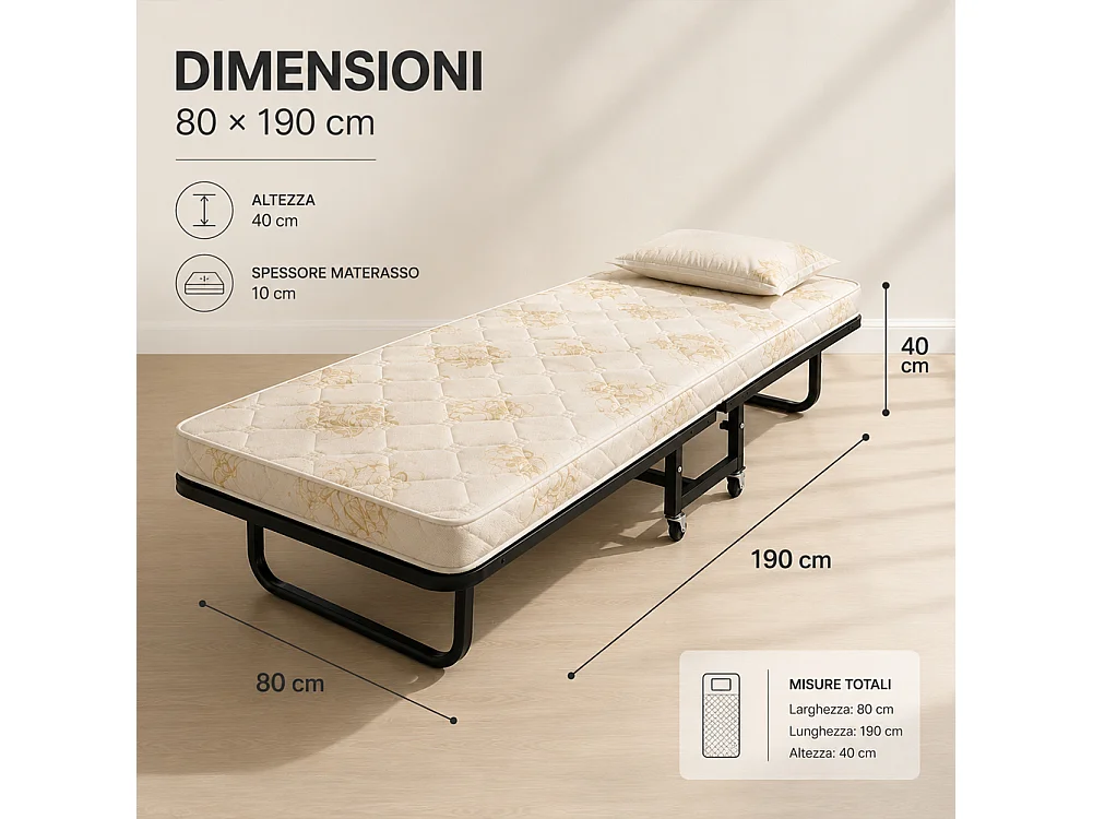 Letto Singolo Pieghevole Cuscino Copertura Brandina Materasso H10cm 80x40x190cm