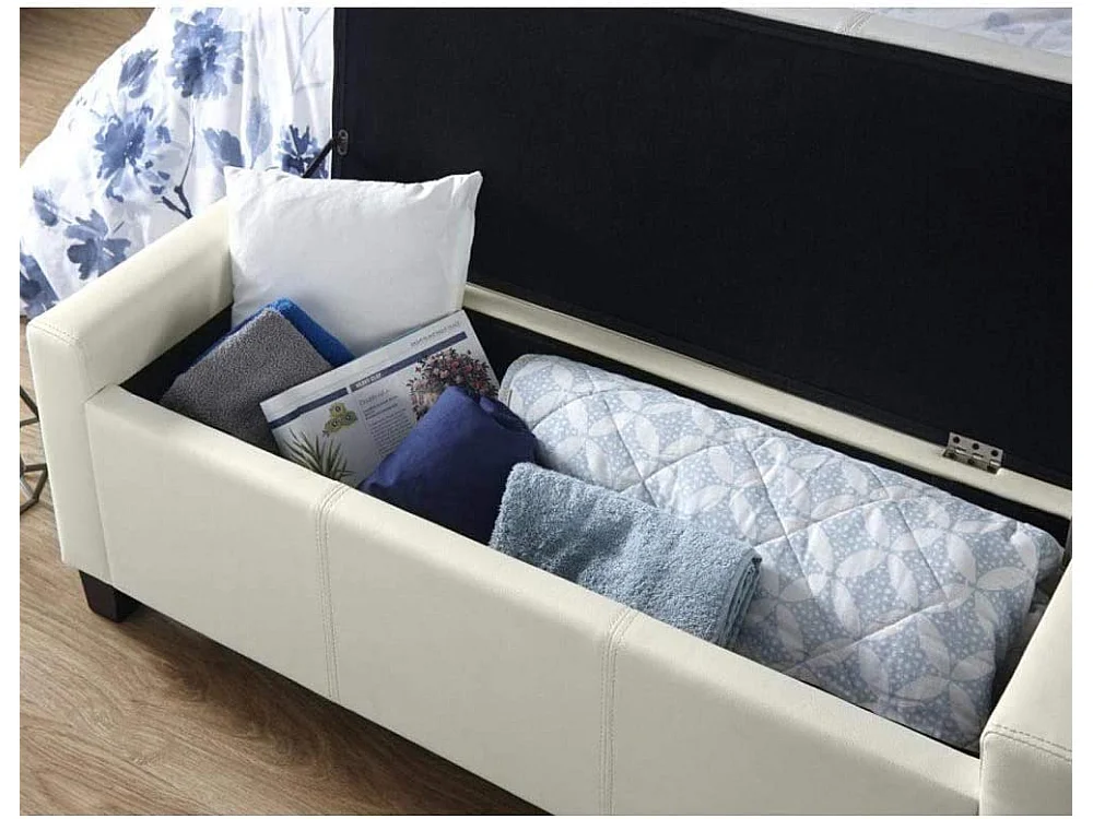 Cassapanca Pouf Contenitore Panca Sgabello Poggiapiedi Legno e Eco Pelle Avorio