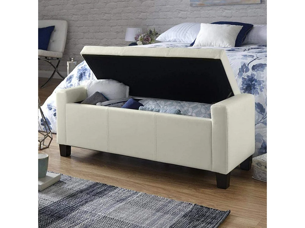 Cassapanca Pouf Contenitore Panca Sgabello Poggiapiedi Legno e Eco Pelle Avorio