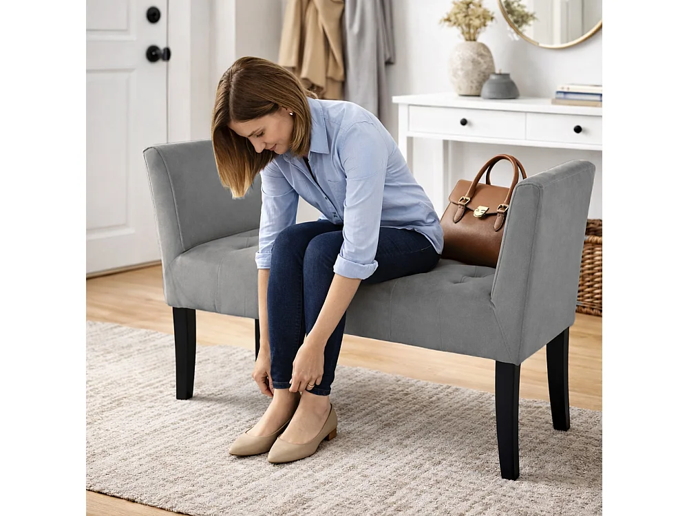 Panca Grigio con Piedi in Legno e Rivestimento Velluto Camera da Letto Ingresso