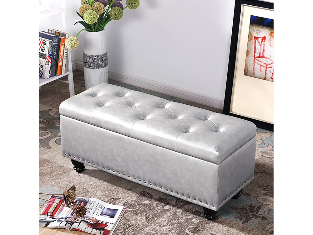 Pouf Panca Contenitore in Ecopelle Cassapanca Capiente Divanetto Grigio Chiaro