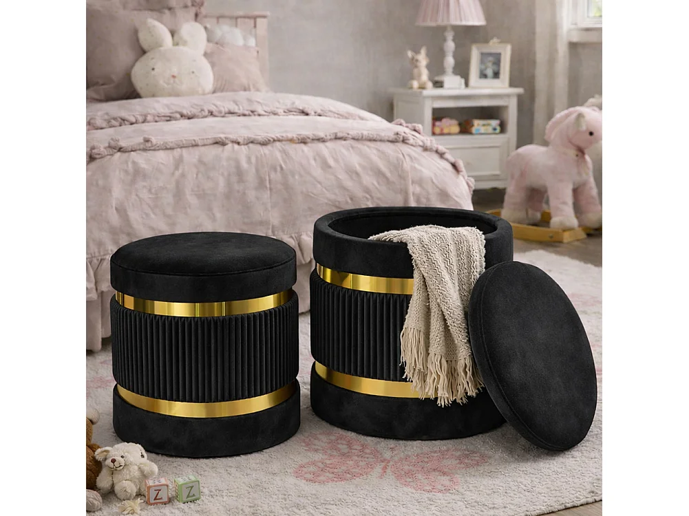 Set 2 pouf contenitore in velluto nero/oro Ø38x44 e Ø31x38 cm