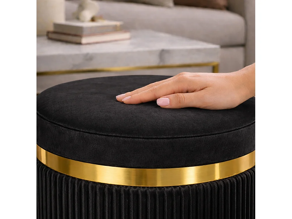 Set 2 pouf contenitore in velluto nero/oro Ø38x44 e Ø31x38 cm