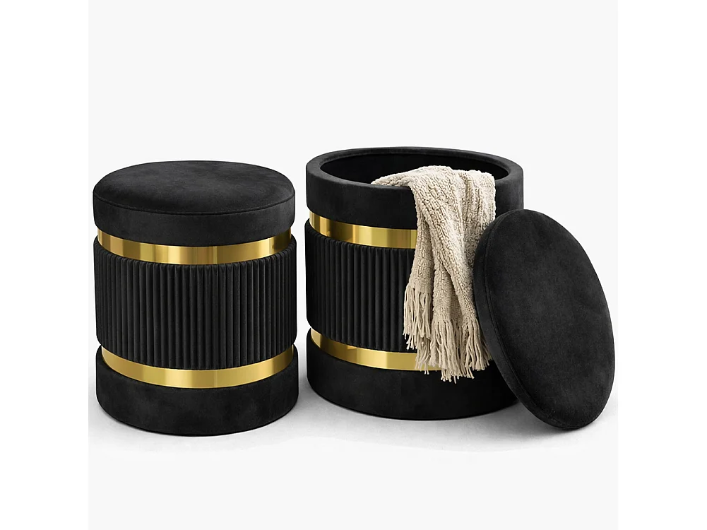Set 2 pouf contenitore in velluto nero/oro Ø38x44 e Ø31x38 cm