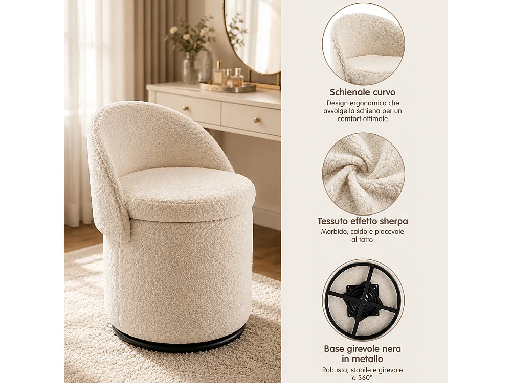 Pouf Contenitore con Schienale Reclinabile e Base Girevole Design Teddy 48x68 cm