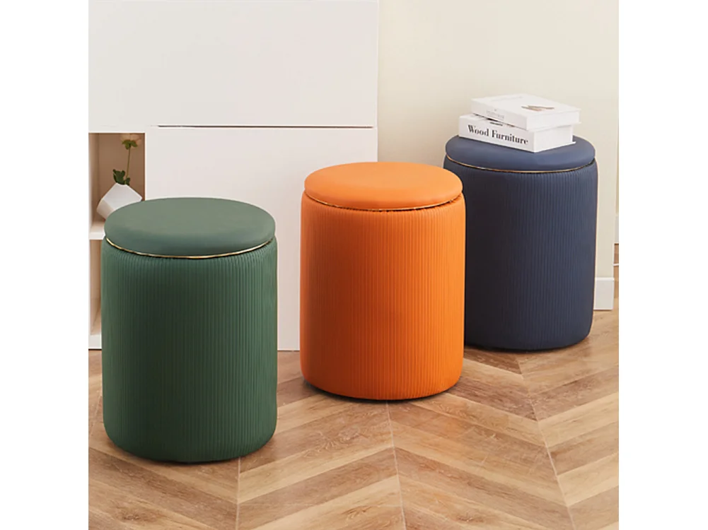 Pouf Contenitore Ecopelle Blu Decoro Oro Poggiapiedi Seduta Imbottita 35x45cm