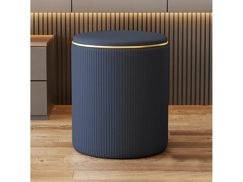 Pouf Contenitore Ecopelle Blu Decoro Oro Poggiapiedi Seduta Imbottita 35x45cm
