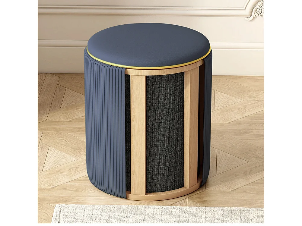 Pouf Contenitore Ecopelle Blu Decoro Oro Poggiapiedi Seduta Imbottita 35x45cm