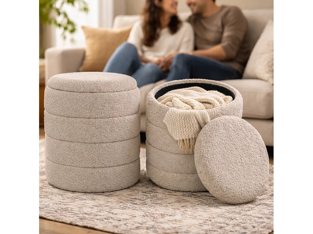 Set 2 pouf contenitore teddy beige cm Ø43x45h e Ø35x40h