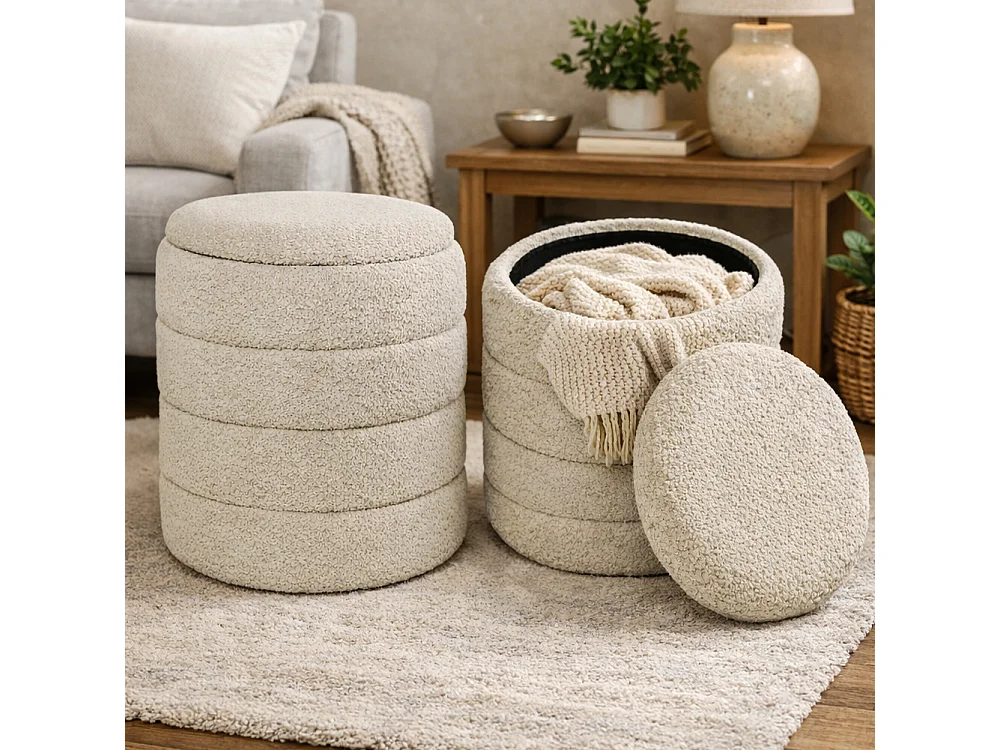 Set 2 pouf contenitore teddy beige cm Ø43x45h e Ø35x40h