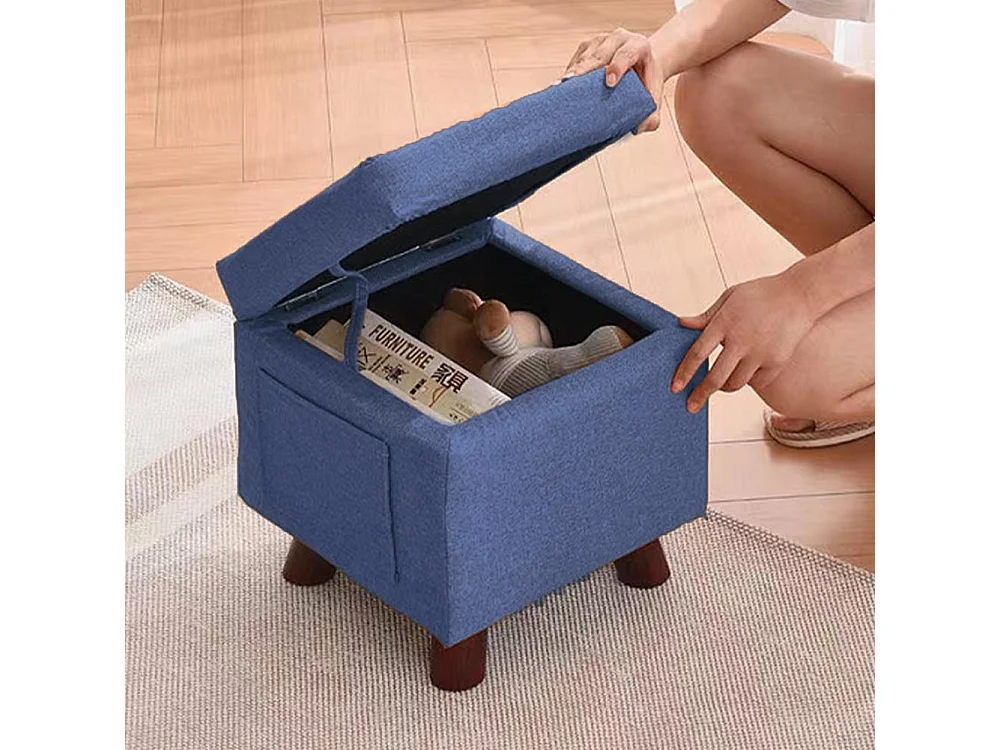 Pouf Contenitore in Tessuto Multiuso Poggiapiedi Sgabello e Baule Colore Blu