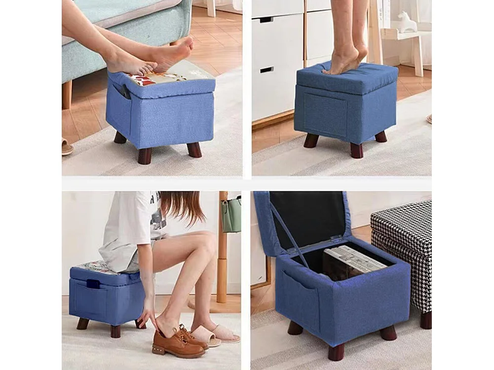 Pouf Contenitore in Tessuto Multiuso Poggiapiedi Sgabello e Baule Colore Blu