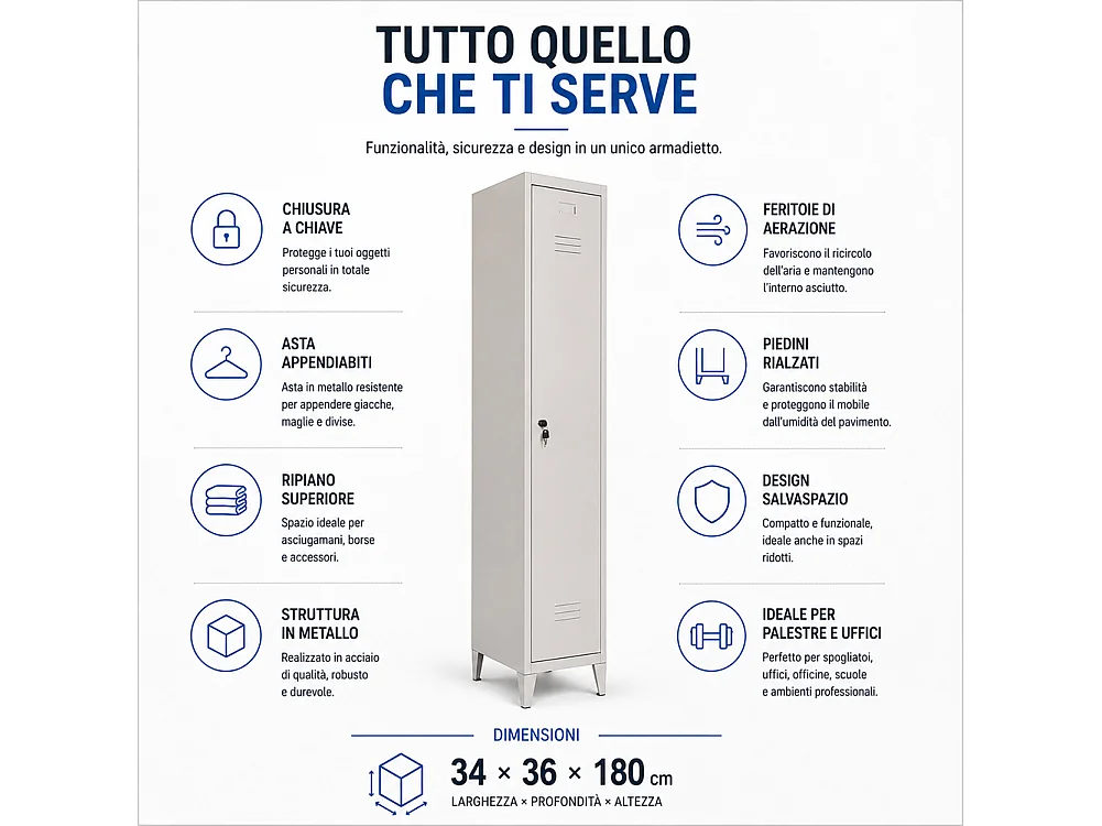 Armadio Guardaroba Slim in Metallo 1 Anta Asta Appendiabiti e Ripiano Superiore