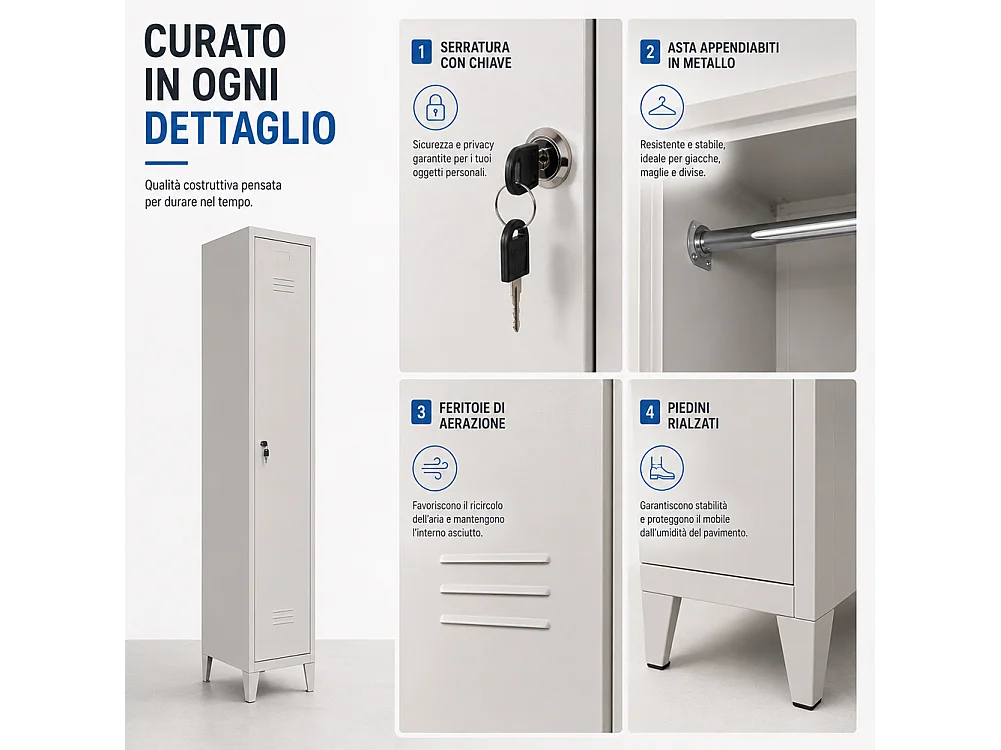 Armadio Guardaroba Slim in Metallo 1 Anta Asta Appendiabiti e Ripiano Superiore