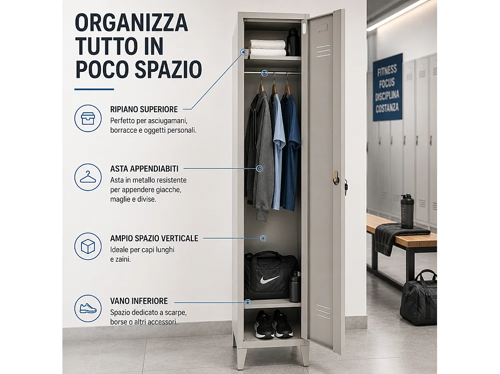 Armadio Guardaroba Slim in Metallo 1 Anta Asta Appendiabiti e Ripiano Superiore