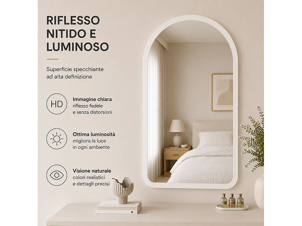 Specchio ad Arco Struttura in Legno Bianco Decorazione Design Moderno 46x60cm
