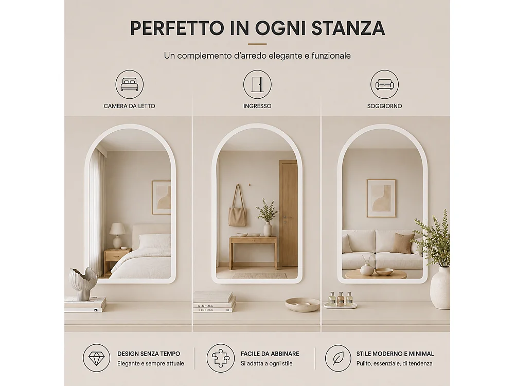 Specchio ad Arco Struttura in Legno Bianco Decorazione Design Moderno 46x60cm