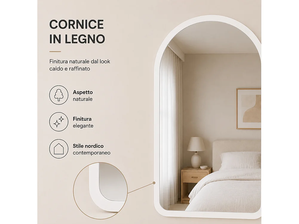 Specchio ad Arco Struttura in Legno Bianco Decorazione Design Moderno 46x60cm