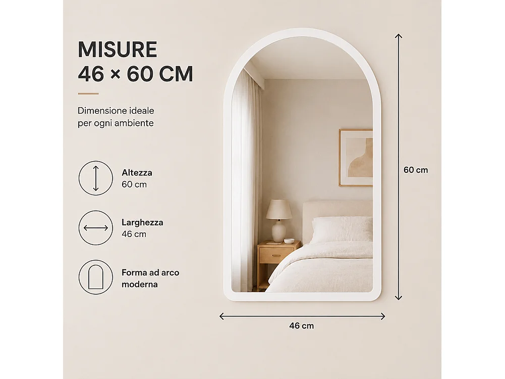 Specchio ad Arco Struttura in Legno Bianco Decorazione Design Moderno 46x60cm