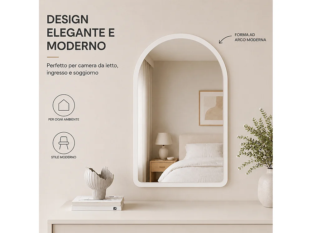 Specchio ad Arco Struttura in Legno Bianco Decorazione Design Moderno 46x60cm