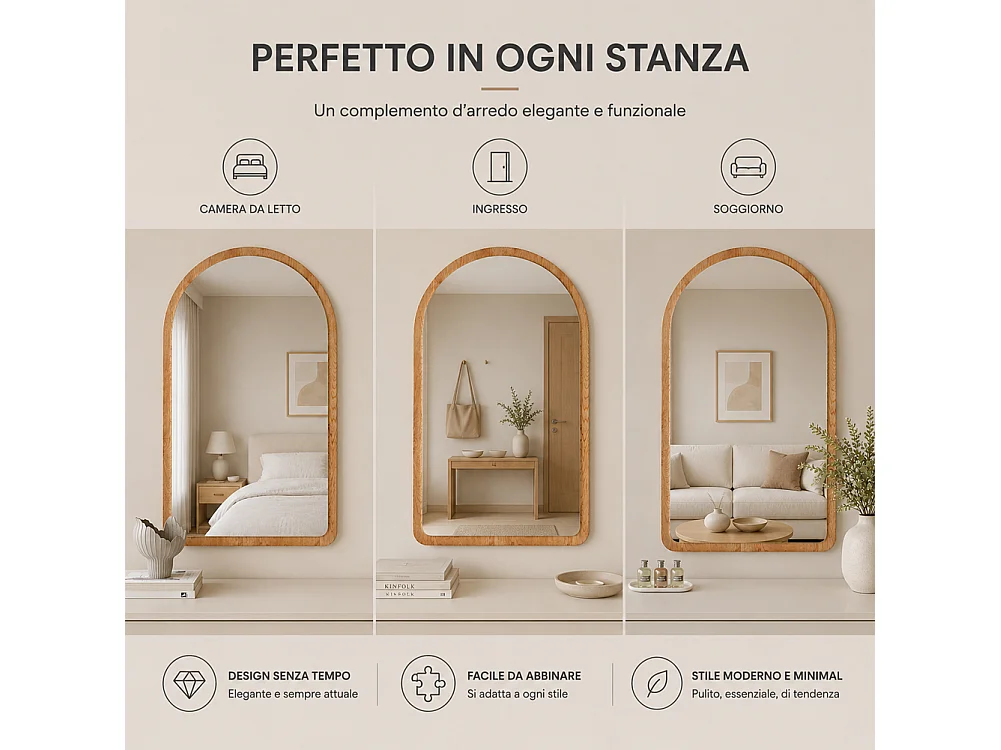 Specchio ad Arco Struttura in Legno Quercia Decorazione Design Moderno 46x60cm
