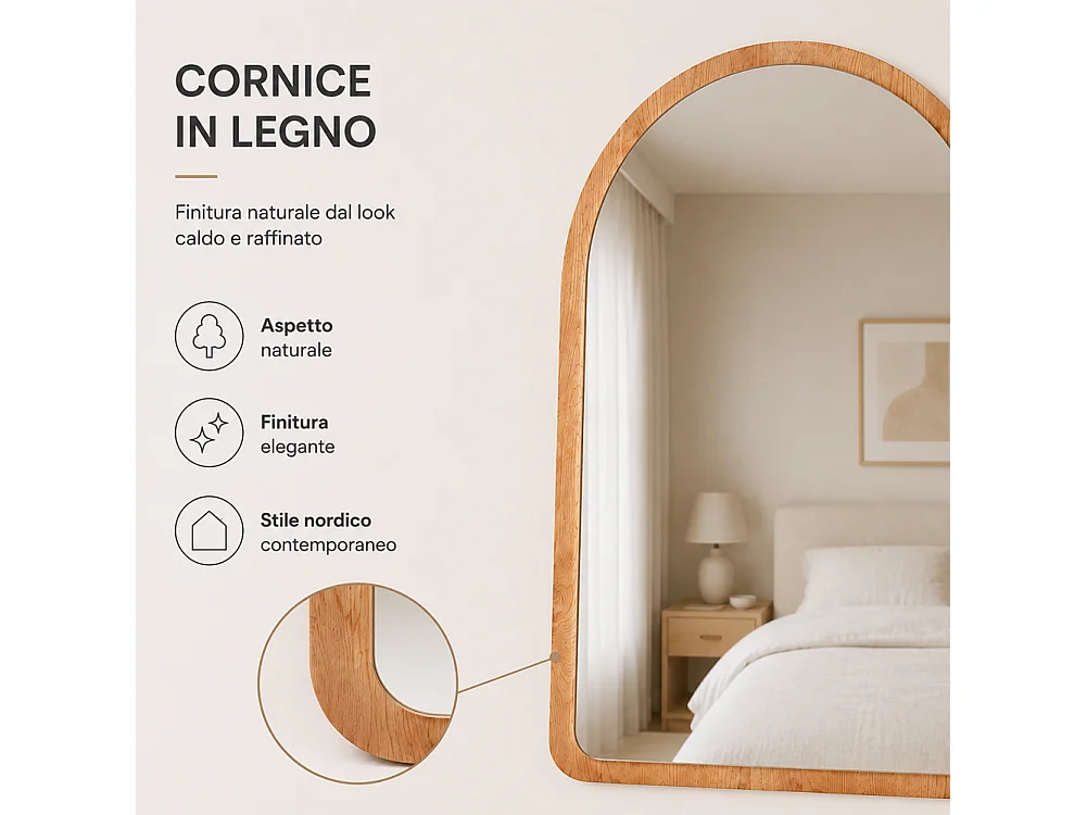 Specchio ad Arco Struttura in Legno Quercia Decorazione Design Moderno 46x60cm