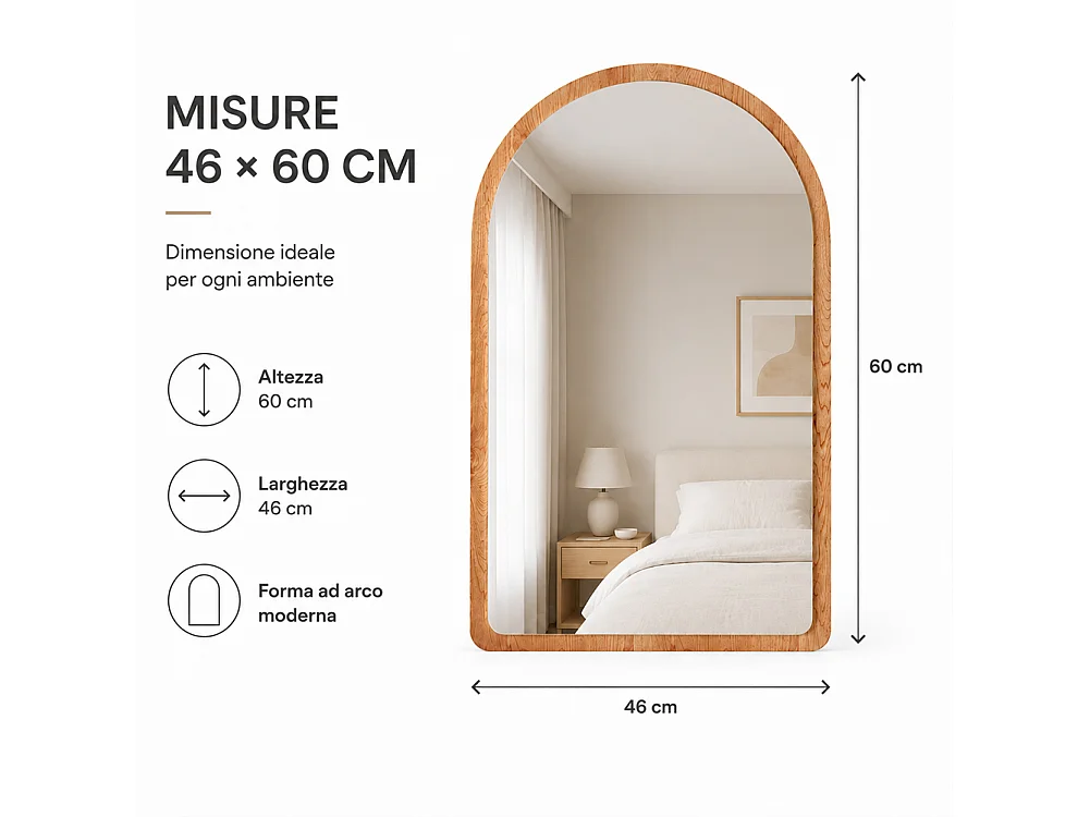 Specchio ad Arco Struttura in Legno Quercia Decorazione Design Moderno 46x60cm
