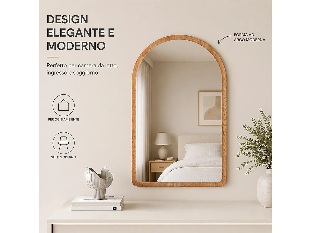 Specchio ad Arco Struttura in Legno Quercia Decorazione Design Moderno 46x60cm