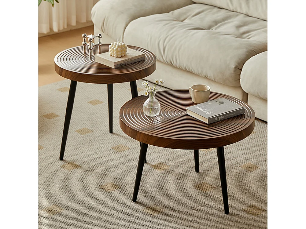 Set 2 Tavolini da Caffè Tondi Noce Design Industrial Tavoli da Soggiorno Rotondi