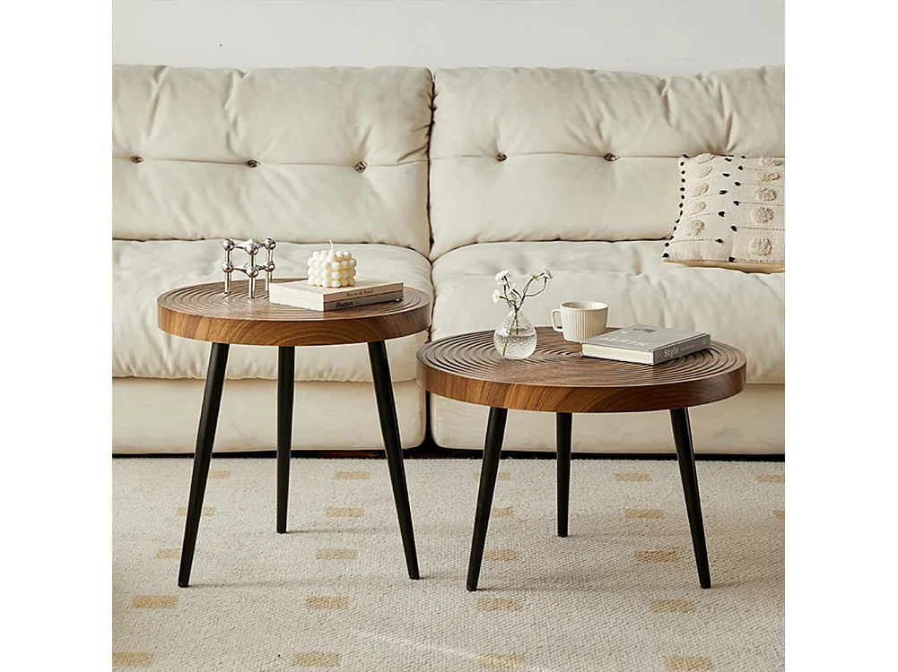 Set 2 Tavolini da Caffè Tondi Noce Design Industrial Tavoli da Soggiorno Rotondi