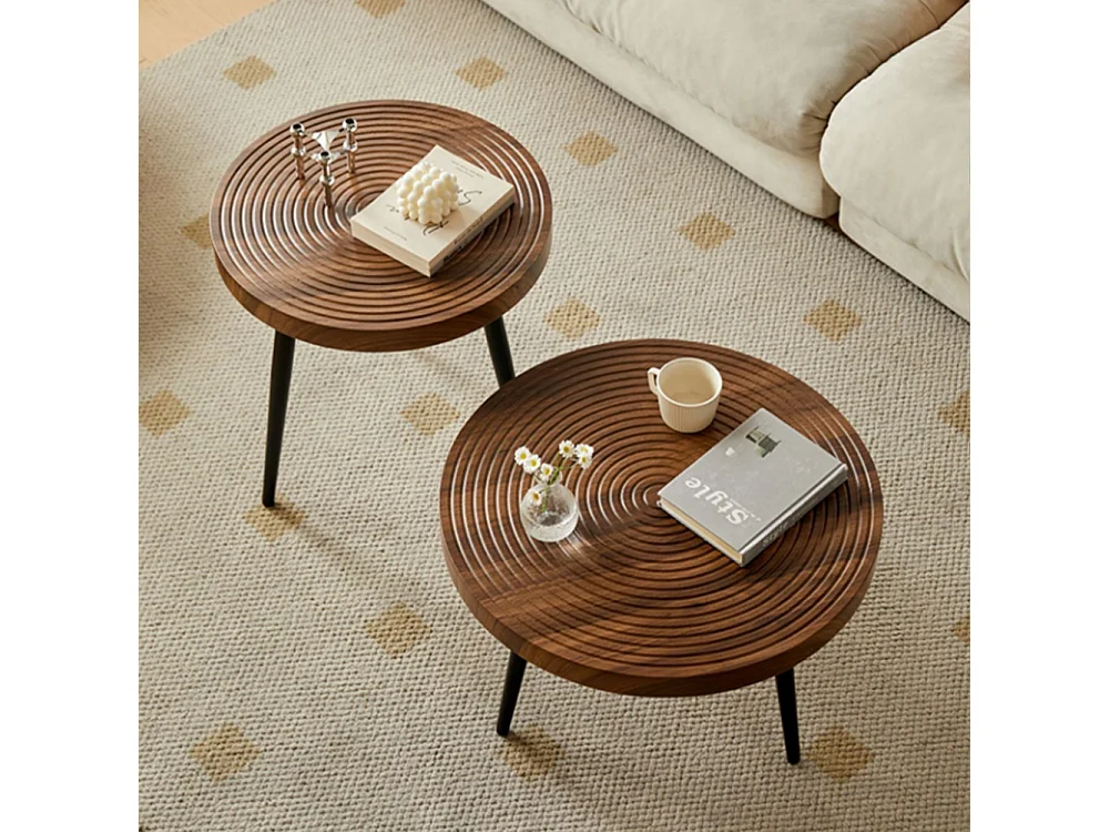 Set 2 Tavolini da Caffè Tondi Noce Design Industrial Tavoli da Soggiorno Rotondi