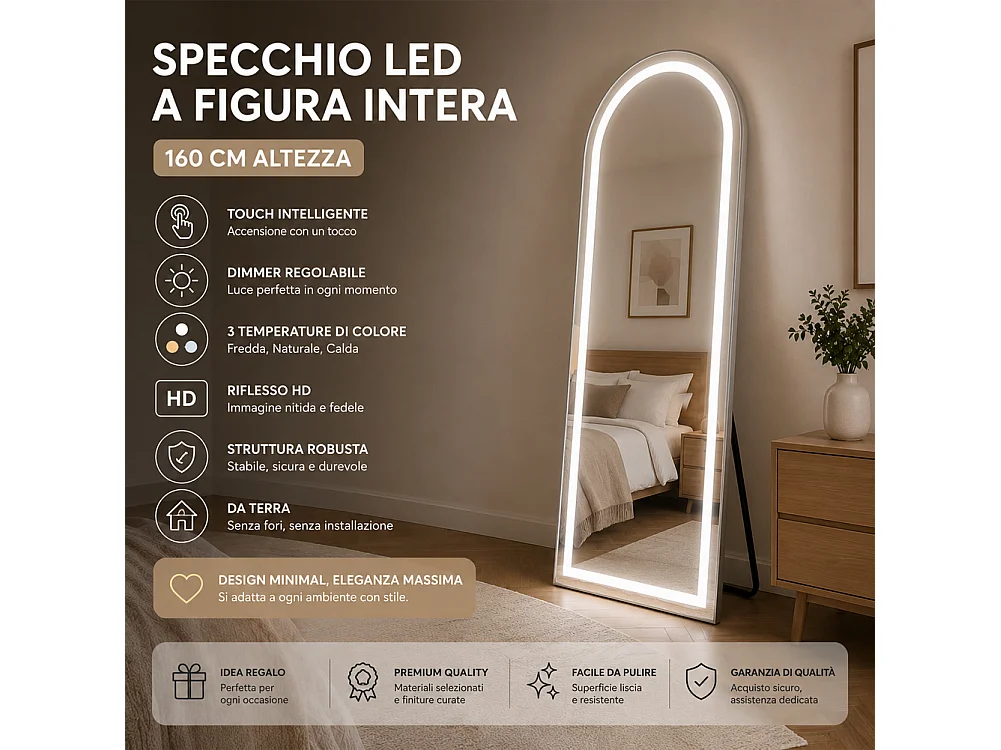 Specchio ad Arco Figura Intera Alluminio e Led a 3 Colori Dimmerabile 160x50cm