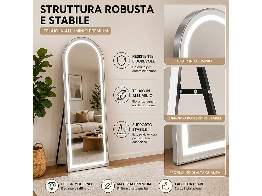 Specchio ad Arco Figura Intera Alluminio e Led a 3 Colori Dimmerabile 160x50cm