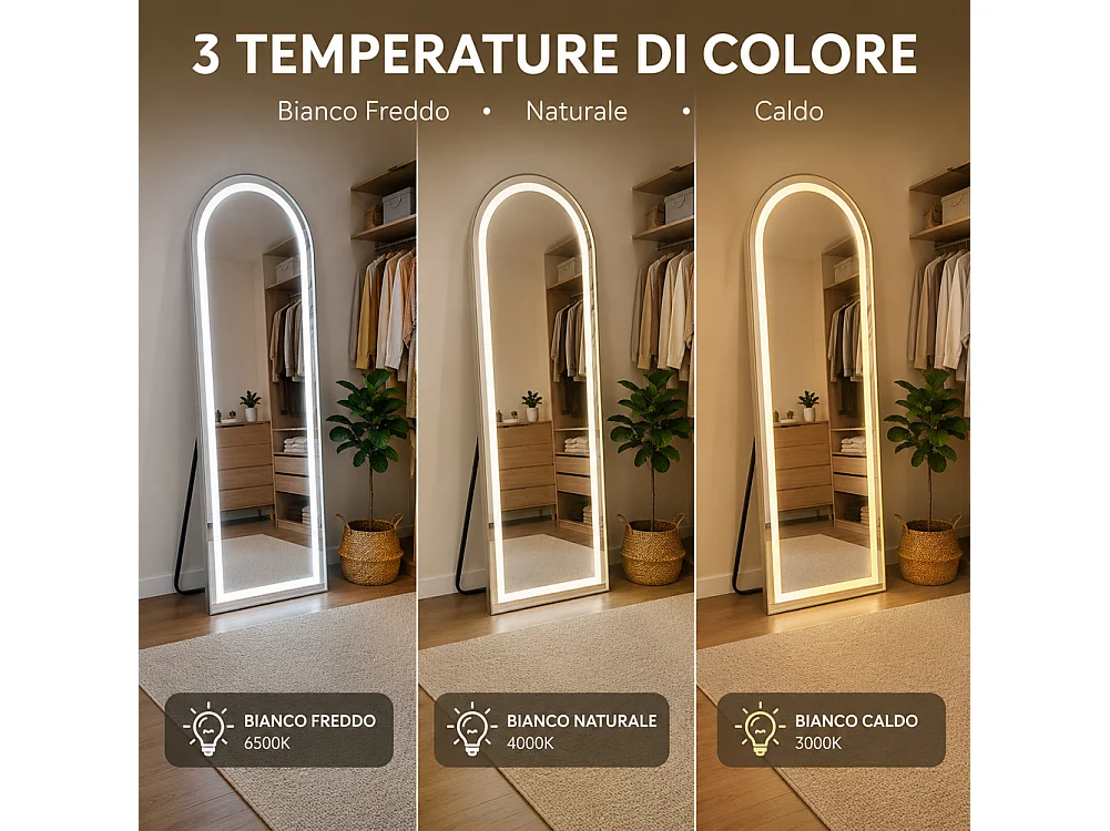 Specchio ad Arco Figura Intera Alluminio e Led a 3 Colori Dimmerabile 160x50cm