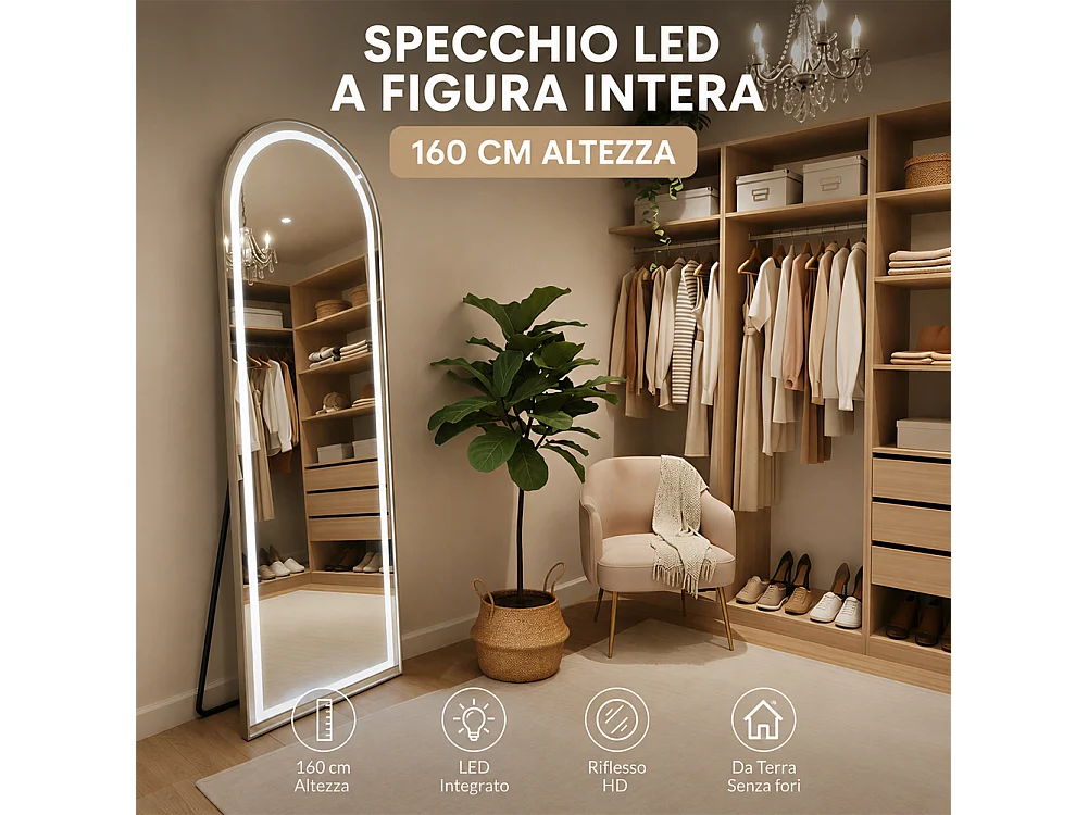 Specchio ad Arco Figura Intera Alluminio e Led a 3 Colori Dimmerabile 160x50cm