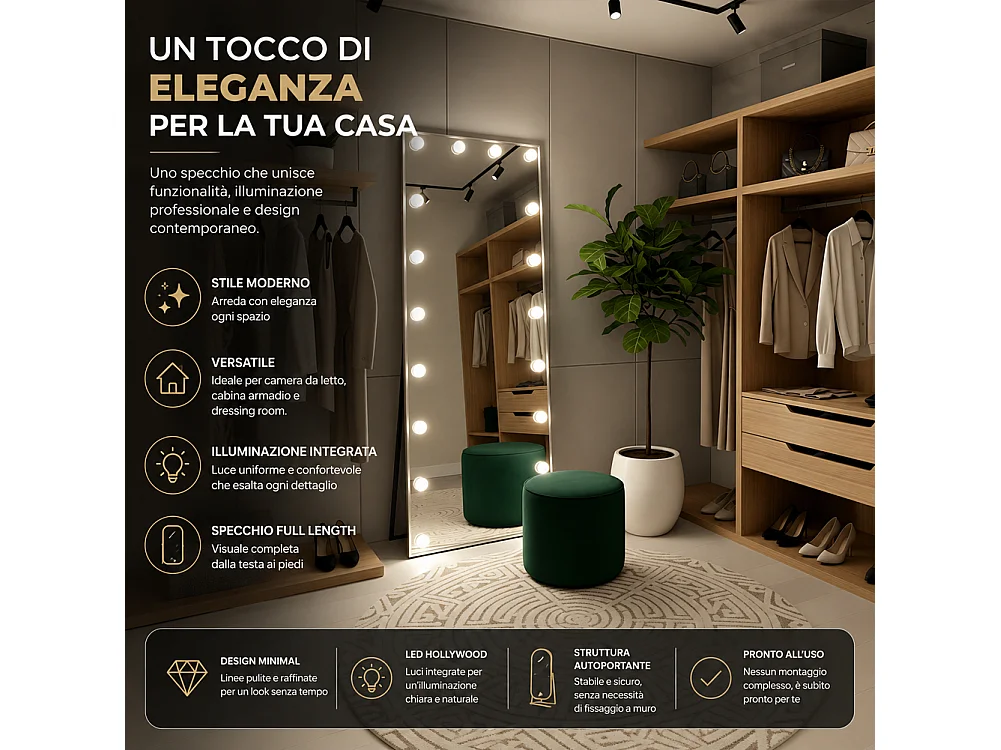 Specchio XXL Hollywood Figura Intera Indipendente con Led 3 Colori 60x160 cm