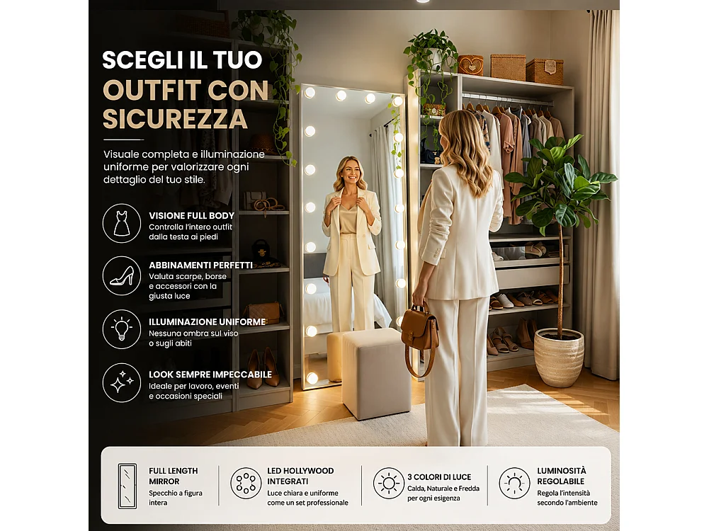 Specchio XXL Hollywood Figura Intera Indipendente con Led 3 Colori 60x160 cm