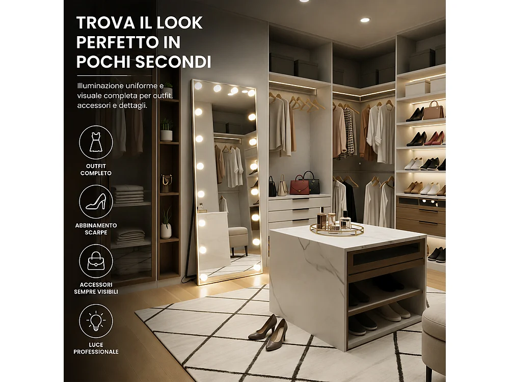 Specchio XXL Hollywood Figura Intera Indipendente con Led 3 Colori 60x160 cm