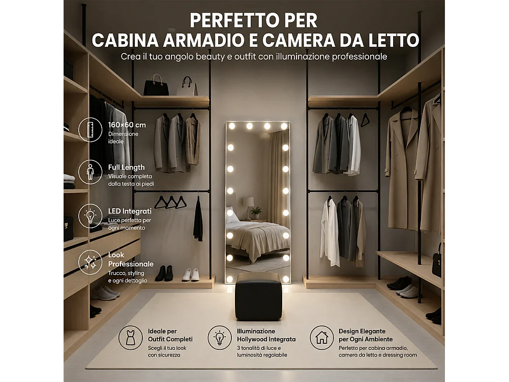 Specchio XXL Hollywood Figura Intera Indipendente con Led 3 Colori 60x160 cm