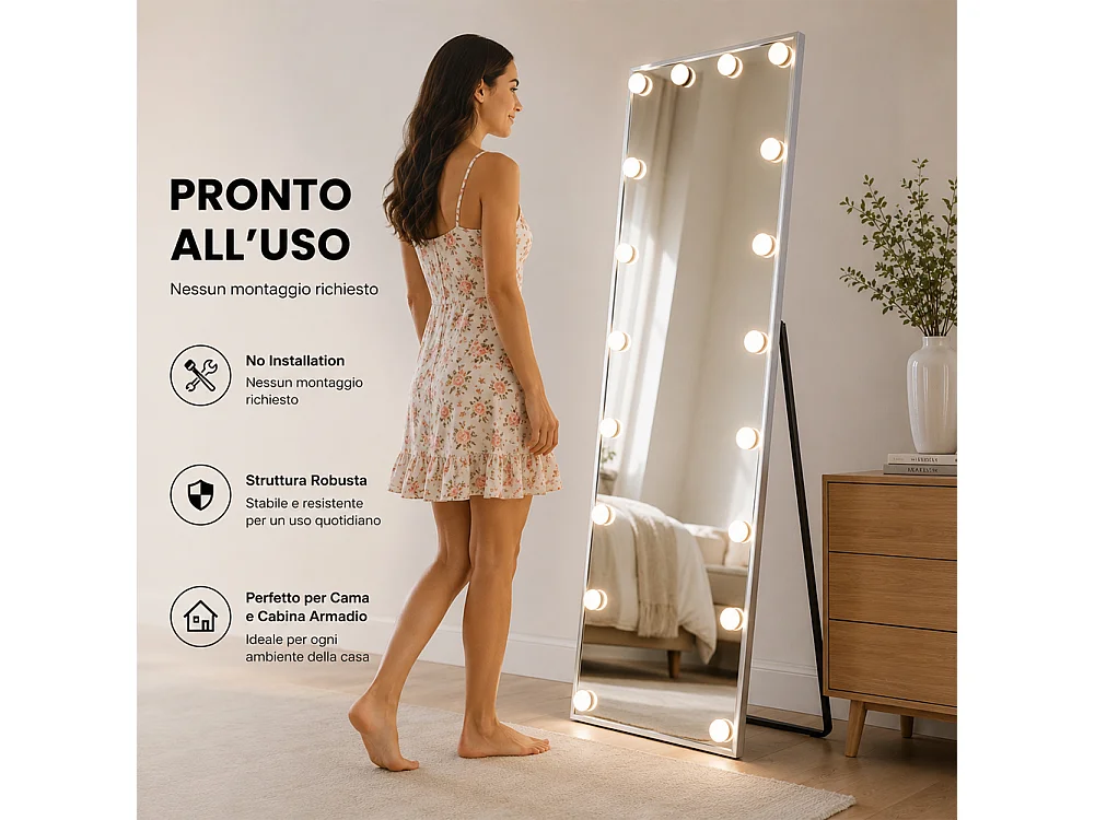 Specchio XXL Hollywood Figura Intera Indipendente con Led 3 Colori 60x160 cm